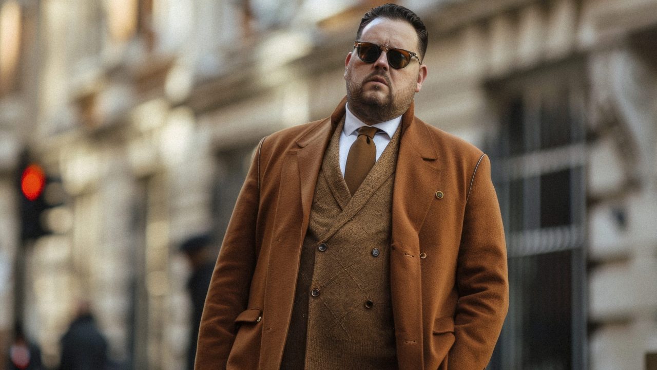 A full body photo of an overweight man in his thirties, wearing sunglasses and a brown wool coat over a suit with vest, walking on the streets of London during Fashion Week. The color scheme includes earthy tones like rust orange and rich browns, with soft lighting to highlight texture details. He has short hair styled straight back from his shoulders down, giving off an elegant vibe. The photo is in the style of fashion photography from that era. --ar 3:2 --style raw Job ID: 422a4c4d-3090-4e4c-ba9f-53e4694a9aec